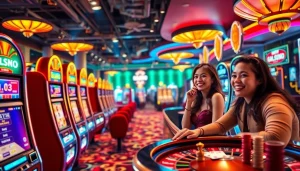 Explore the exhilarating atmosphere of QQ88 casino gaming, with vibrant colors and dynamic lighting showcasing thrilling games.